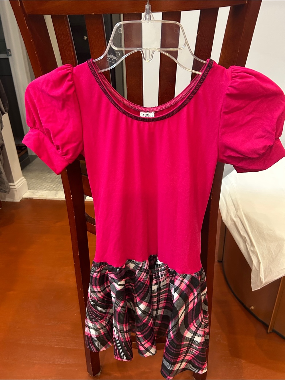 Hot Pink Puff-Sleeve Casual Dress with Pink & Black Plaid Skirt
